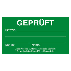 Qualitätskennzeichen Geprüft, Grün, Karton, 90 x 50 mm, Rechteckig, Einzelstück