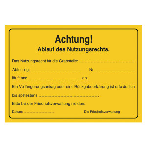 Grabstein Aufkleber "Achtung! Ablauf Nutzungsrecht, Verlängerung, Rückgabeerklärung"