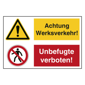 Hinweisaufkleber Ladezone "Achtung Werksverkehr! / Unbefugte verboten!" mit Symbolen nach ASR A1.3, DIN EN ISO 7010