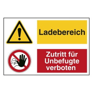 Hinweisaufkleber Ladezone "Ladebereich / Zutritt für Unbefugte verboten" mit Symbolen nach ASR A1.3, DIN EN ISO 7010
