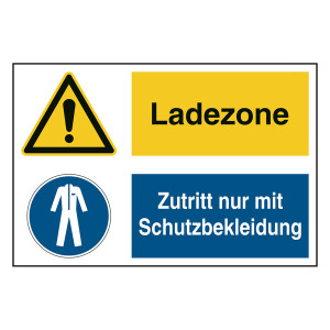 Hinweisaufkleber Ladezone "Ladezone / Zutritt nur mit Schutzbekleidung" mit Symbolen nach ASR A1.3, DIN EN ISO 7010