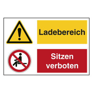 Hinweisaufkleber Ladezone "Ladebereich / Sitzen verboten" mit Symbolen nach ASR A1.3, DIN EN ISO 7010