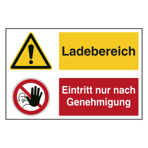 Hinweisaufkleber Ladezone "Ladebereich / Eintritt nur nach Genehmigung" mit Symbolen nach ASR A1.3, DIN EN ISO 7010
