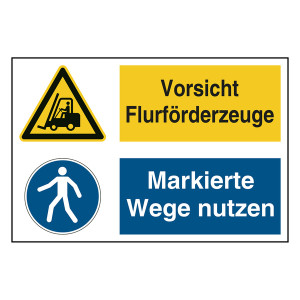 Hinweisaufkleber Ladezone "Vorsicht Flurförderzeuge / Markierte Wege nutzen" mit Symbolen nach ASR A1.3, DIN EN ISO 7010