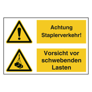 Hinweisaufkleber Ladezone "Achtung Staplerverkehr! / Vorsicht vor schwebenden Lasten" mit Symbolen nach ASR A1.3, DIN EN ISO 7010