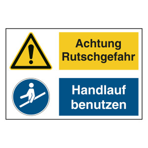 Hinweisaufkleber Ladezone "Achtung Rutschgefahr / Handlauf benutzen" mit Symbolen nach ASR A1.3, DIN EN ISO 7010