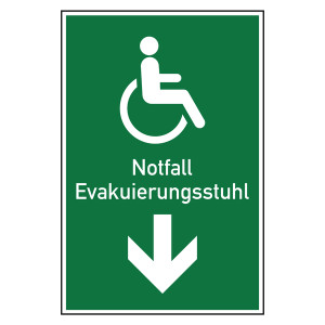 Rettungszeichen Notfall Evakuierungsstuhl abwärts Kombischild