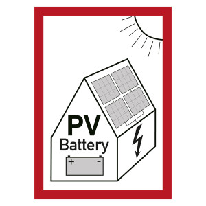 Feuerwehrzeichen Warnung vor Gefahren durch Photovoltaikanlage mit Batteriespeicher
