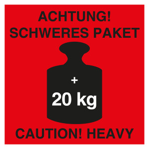 Paketaufkleber Achtung Schweres Paket Caution Heavy +20 kg Rot