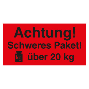 Paketaufkleber Achtung Schweres Paket über 20 kg Rot