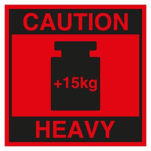 Paketaufkleber Caution Heavy +15 kg Rot