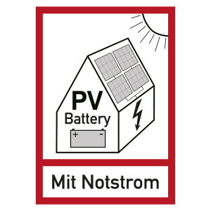 Feuerwehrzeichen Warnung vor Gefahren durch Photovoltaikanlage mit Batteriespeicher Mit Notstrom