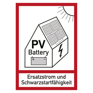 Feuerwehrzeichen Warnung vor Gefahren durch Photovoltaikanlage mit Batteriespeicher Ersatzstrom und Schwarzstartfähigkeit