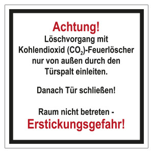 Feuerwehrzeichen Löschvorgang mit CO2-Feuerlöscher durch Türspalt