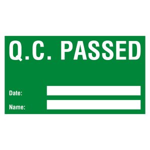 Qualitätskennzeichen Q.C. passed mit Datum und Name Grün Rechteckig