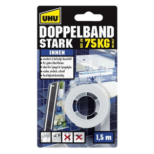 UHU Doppelklebeband Stark - für Innenbereich, 1,5 m x 19 mm, Infokarte