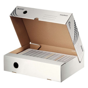 LEITZ 6134 Archivbox easyboxx - A4 80 mm Wellpappe (RC) breite Öffnung Klappdeckel weiß