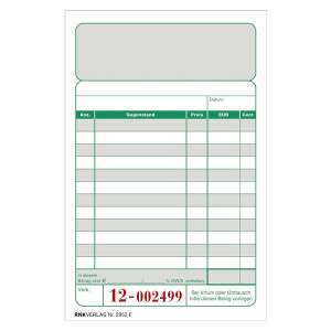 RNK Kassenblock - zweifarbig - oben geheftet, 2 x 50 Blatt, 96 x 167 mm, nummeriert