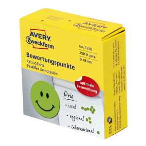 AVERY ZWECKFORM 3858 Bewertungspunkt "lachendes Gesicht" - Ø 19 mm, Spender mit 250 Etiketten, grün