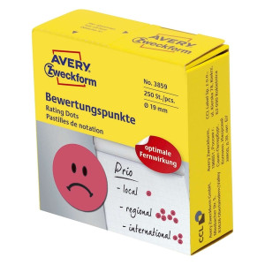 AVERY ZWECKFORM 3859 Bewertungspunkt "trauriges Gesicht" - Ø 19 mm, Spender mit 250 Etiketten, rot