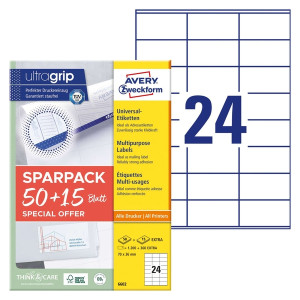 AVERY ZWECKFORM 6602 Universal-Etiketten ultragrip - 70 x 36 mm, weiß, 1.560 Etiketten, permanent