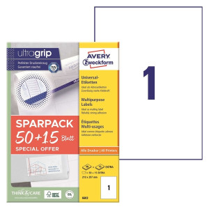 AVERY ZWECKFORM 6603 Universal-Etiketten ultragrip - 210 x 297 mm, weiß, 65 Etiketten, permanent