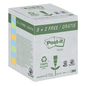 POST-IT Haftnotizblock Recycling Notes - 76 x 76 mm, sortiert, 10 x 100 Blatt