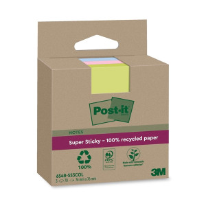 POST-IT Haftnotiz Super Sticky 100% Recycling Notes - 76 x 76 mm, sortiert, 3x 70 Blatt