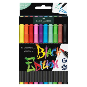 FABER CASTELL Faserschreiberetui Black Edition - Pinselspitze, 10er Kartonetui