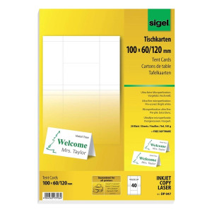 SIGEL Tischkarte, 100x60mm, 185g/m², 20 Blatt, weiß