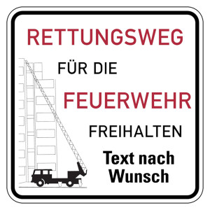 Feuerwehrzufahrt Schild Rettungsweg für die Feuerwehr freihalten mit Wunschtext Aluminium 2 mm reflektierend RA1 500 x 500 mm Einzelschild