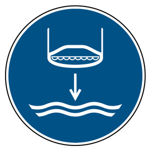 Gebotszeichen Rettungsboot fieren beim Aussetzvorgang DIN EN ISO 7010 M039