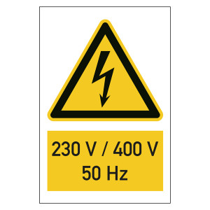 Warnzeichen Spannungskennzeichnung 230V / 400V 50 Hz Kombischild