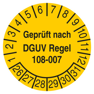 Prüfplakette Geprüft nach DGUV Regel 108-007 Gelb