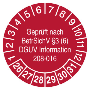Prüfplaketten Geprüft nach BetrSichV §3 (6) DGUV Information 208-016 Rot