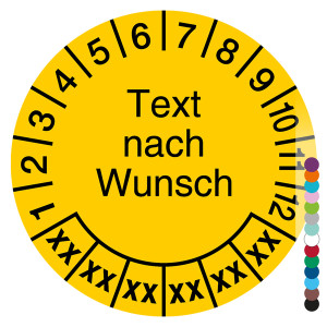 Mehrjahresprüfplakette mit Wunschtext und Wunschfarbe rund für 6 Jahre