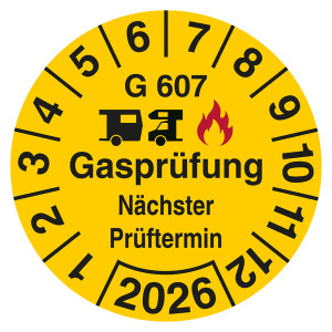 Prüfplakette Gasprüfung Nächster Prüftermin G 607 mit Jahreszahl Gelb