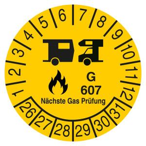 Prüfplakette Nächste Gas Prüfung G 607 Gelb