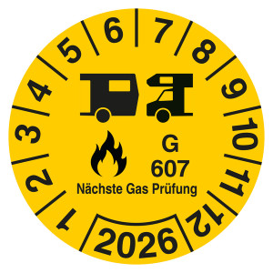 Prüfplakette Nächste Gas Prüfung G 607 mit Jahreszahl Gelb
