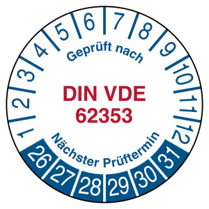 Prüfplakette Geprüft nach DIN VDE 62353 Nächster Prüftermin Weiß