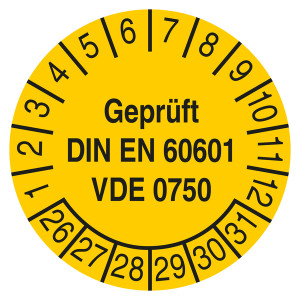 Prüfplakette Geprüft DIN EN 60601 VDE 0750 Gelb