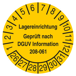 Prüfplakette Lagereinrichtung Geprüft nach DGUV Information 208-061 Gelb