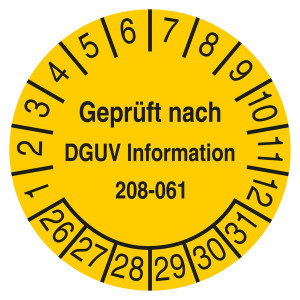 Prüfplakette Geprüft nach DGUV Information 208-061 Gelb