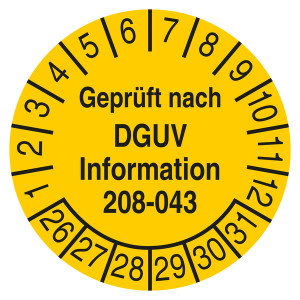 Prüfplakette Geprüft nach DGUV Information 208-043 Gelb