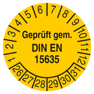 Prüfplakette Geprüft gem. DIN EN 15635 Gelb