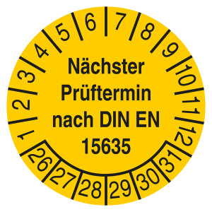 Prüfplakette Nächster Prüftermin nach DIN EN 15635 Gelb