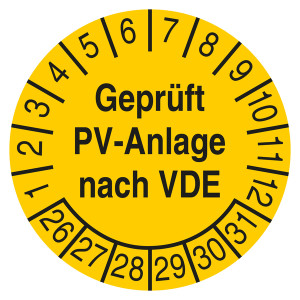 Prüfplakette Geprüft PV-Anlage nach VDE Gelb
