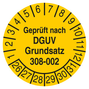 Prüfplakette Geprüft nach DGUV Grundsatz 308-002 Gelb