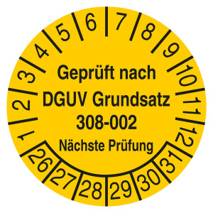Prüfplakette Geprüft nach DGUV Grundsatz 308-002 Nächste Prüfung Gelb