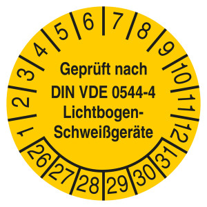 Prüfplakette Geprüft nach DIN VDE 0544-4 Lichtbogen-Schweißgeräte Gelb